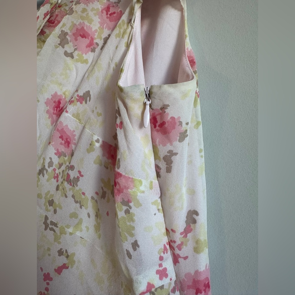 Ann Taylor Petites Silk Pink White Floral Chiffon Spring Elegant Midi Dress - Picture 5 of 7
